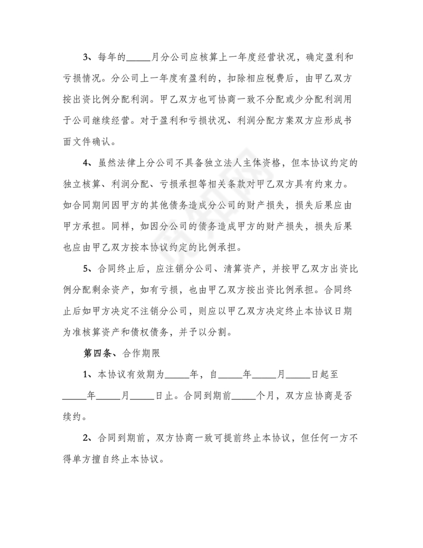 设立分公司合作协议书