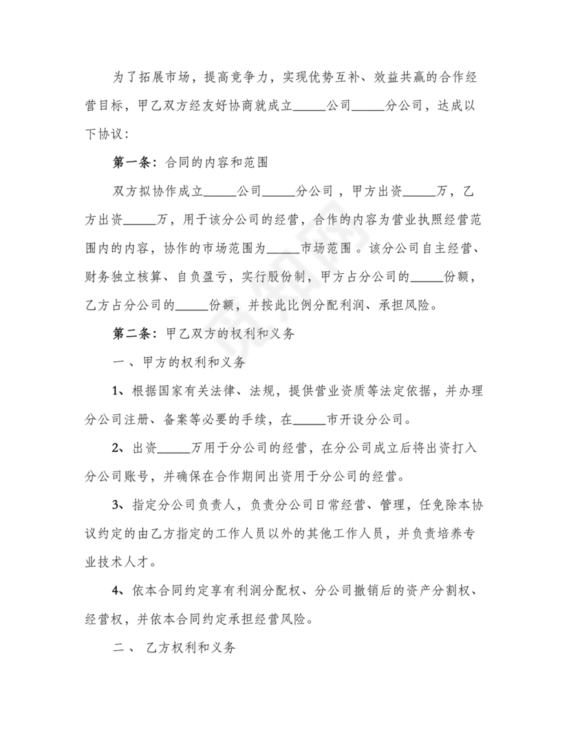 设立分公司合作协议书