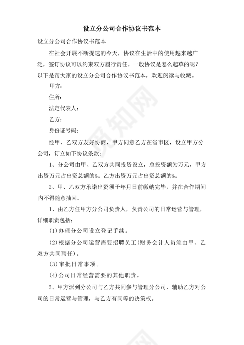 设立分公司合作协议书