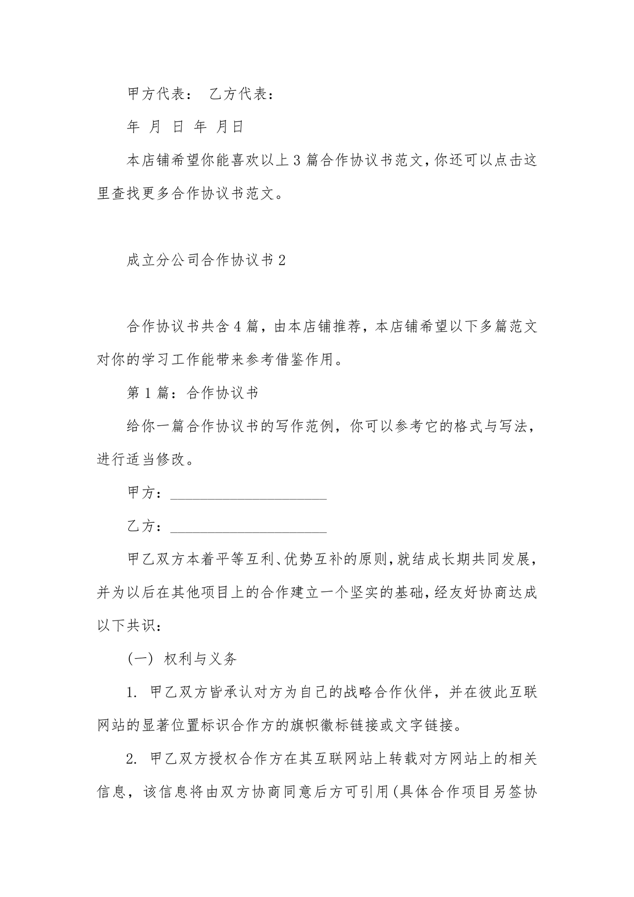 设立分公司合作协议书