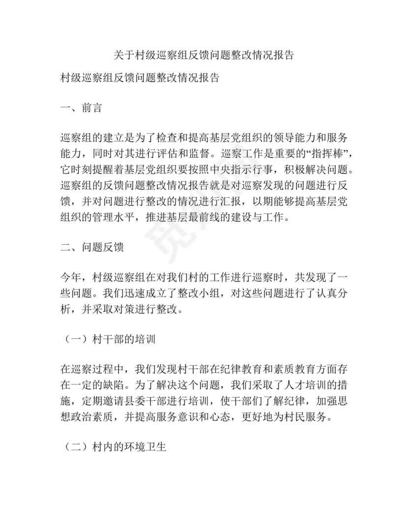 村级巡察整改落实情况报告