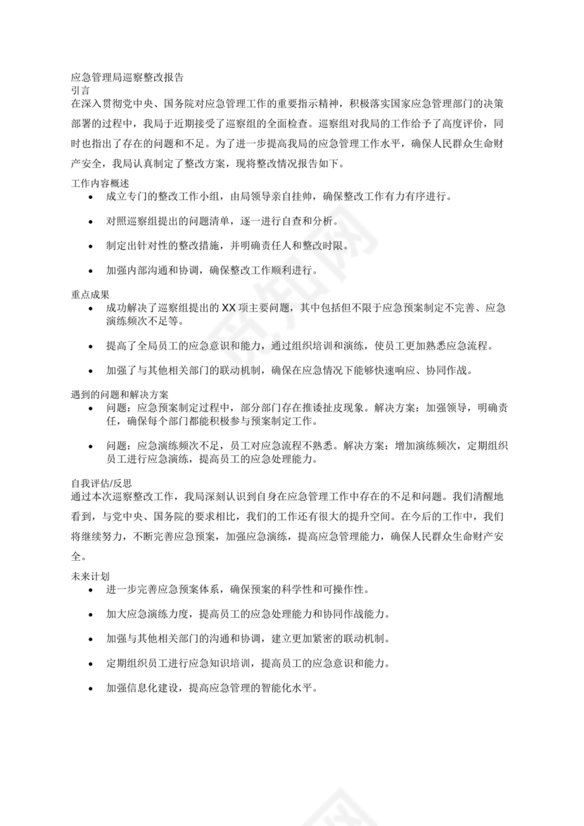 应急管理局巡察整改报告