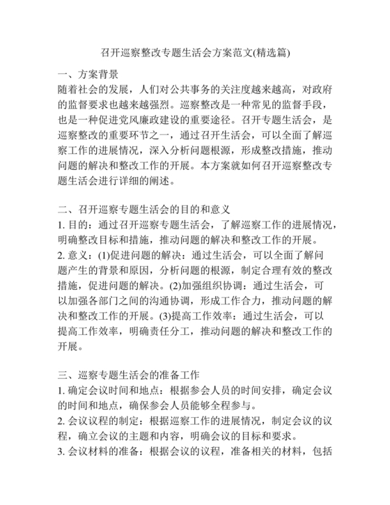 巡察整改专题民主生活会方案