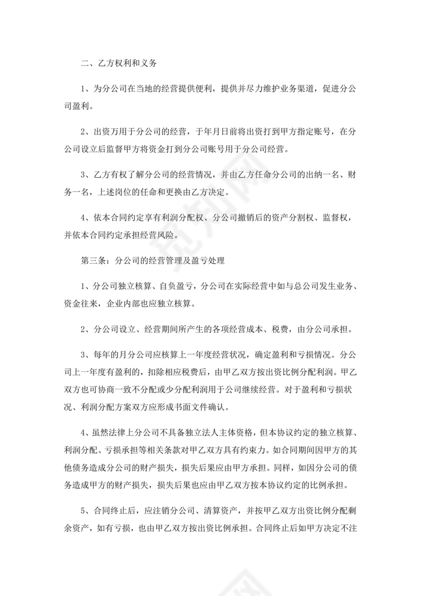 设立分公司合作协议书