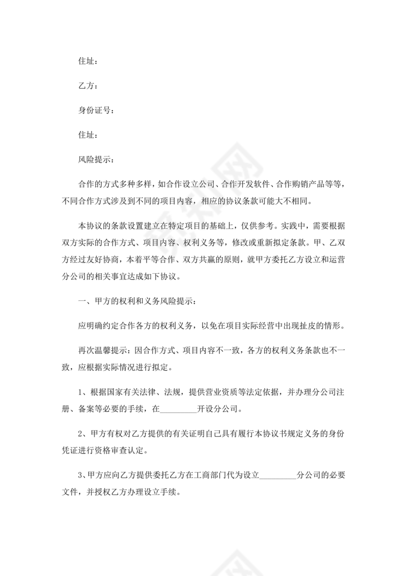 设立分公司合作协议书