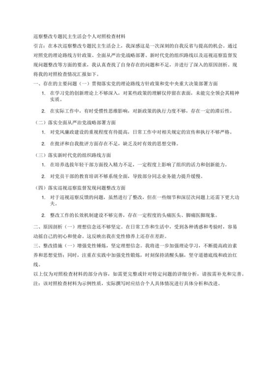 巡察整改专题民主生活会方案