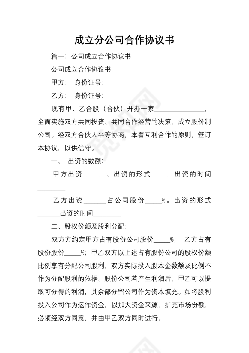 设立分公司合作协议书