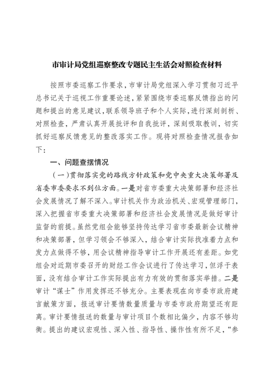 审计整改专题民主生活会对照检查材料