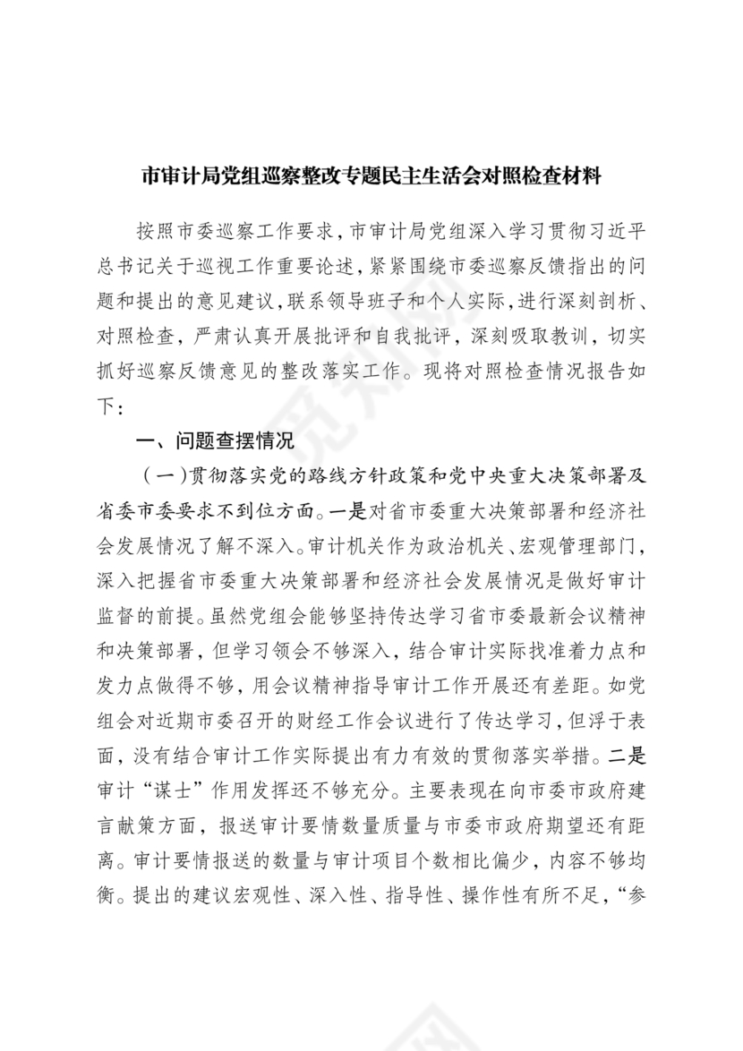 审计整改专题民主生活会对照检查材料