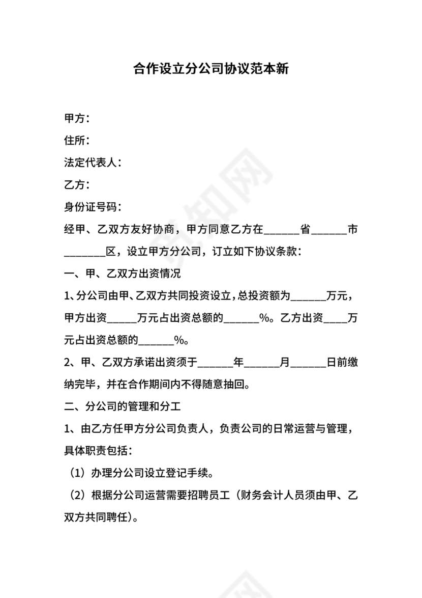 设立分公司合作协议书