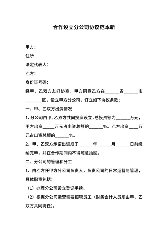 设立分公司合作协议书