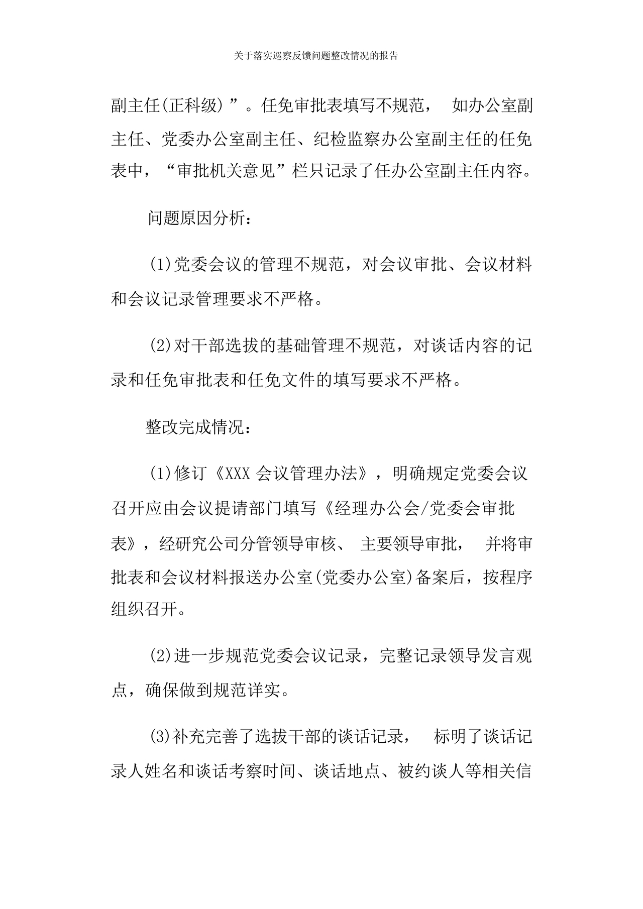 巡察问题整改情况报告