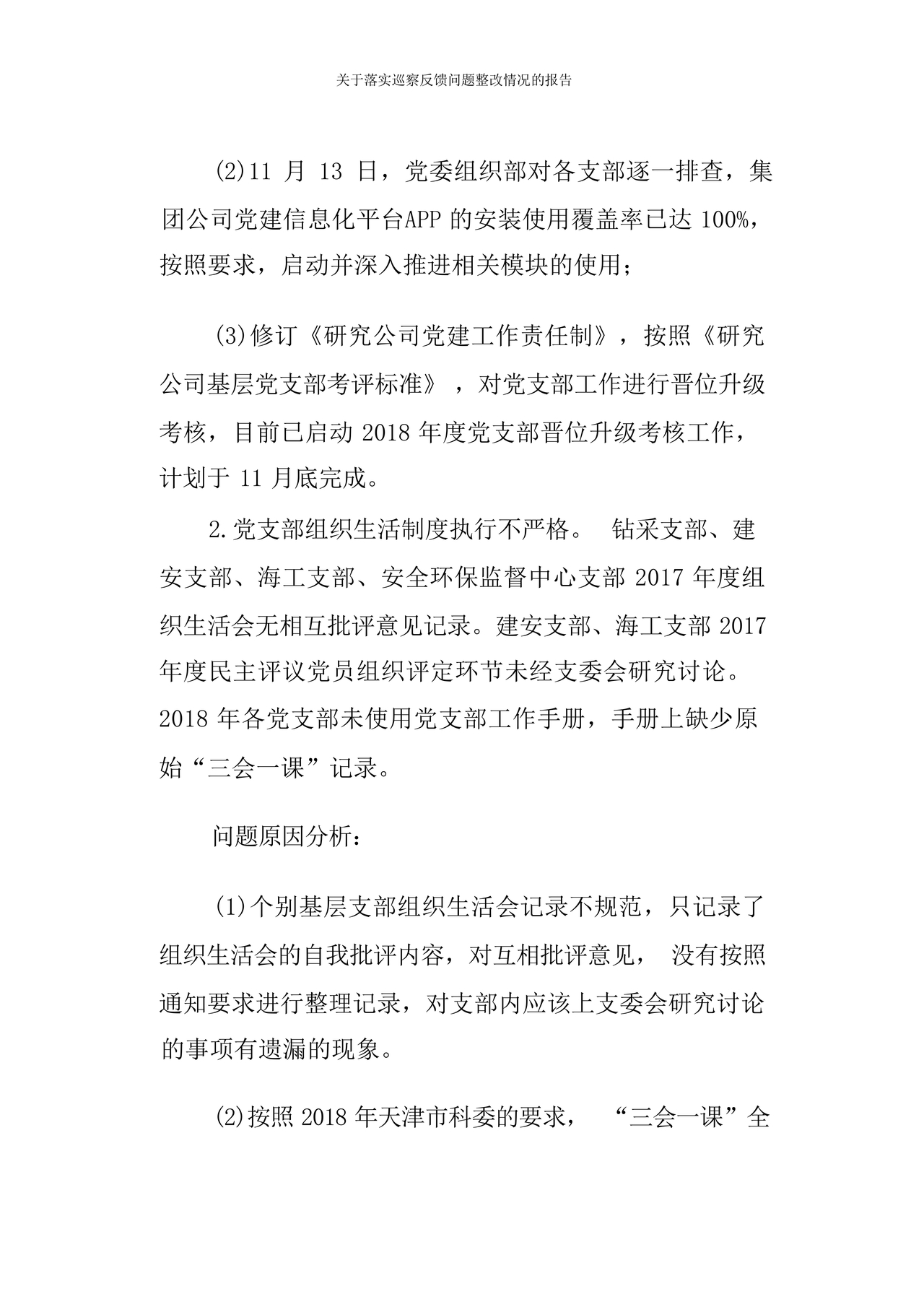 巡察问题整改情况报告