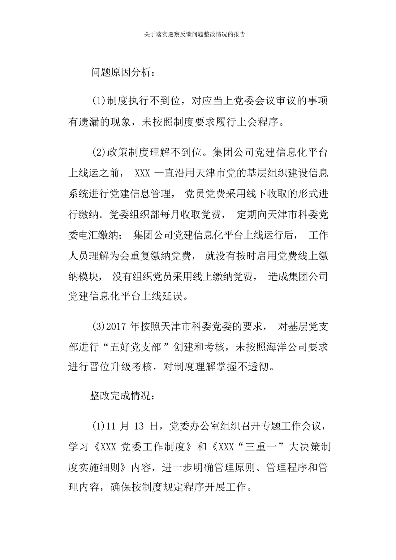 巡察问题整改情况报告