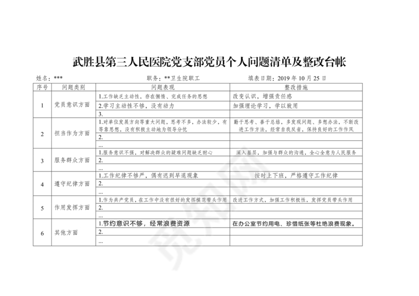 党员个人对照查摆问题及整改清单