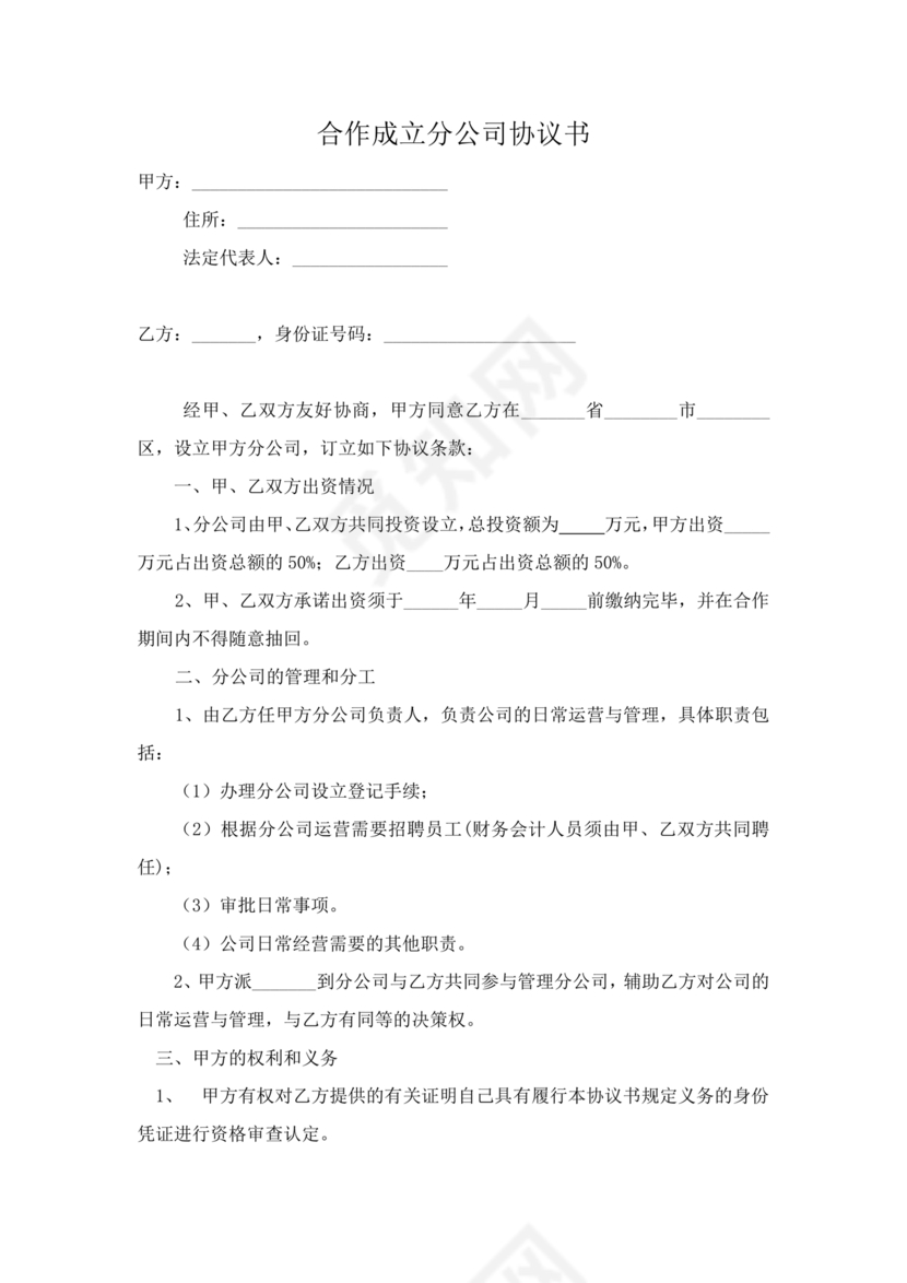 设立分公司合作协议书