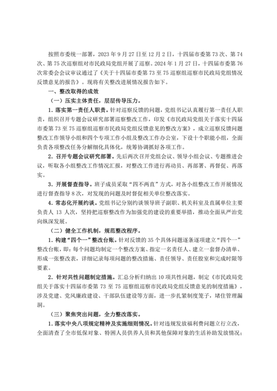 民政局巡察整改报告