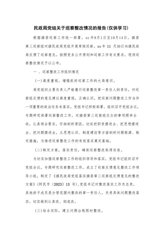 民政局巡察整改报告