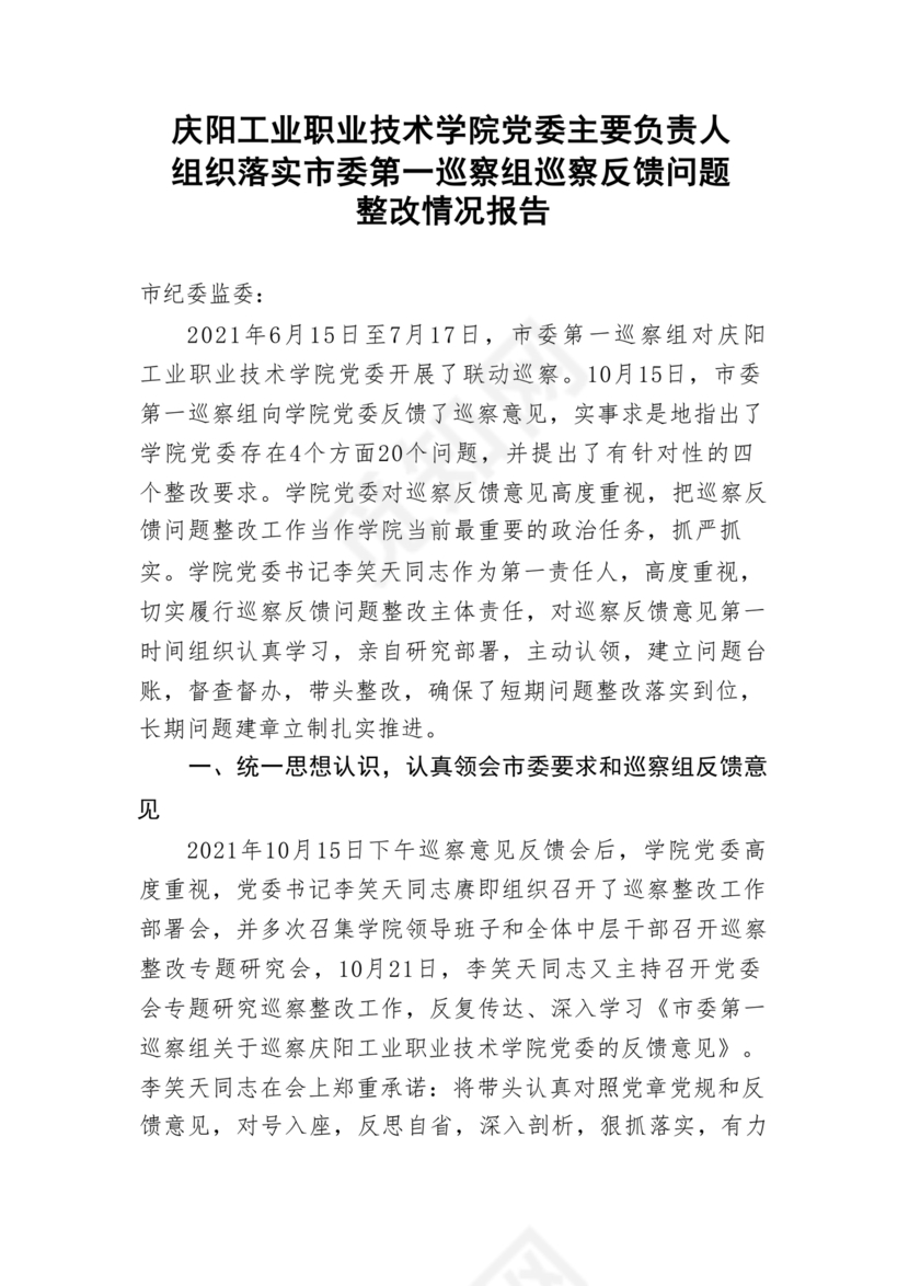 学院巡察整改报告