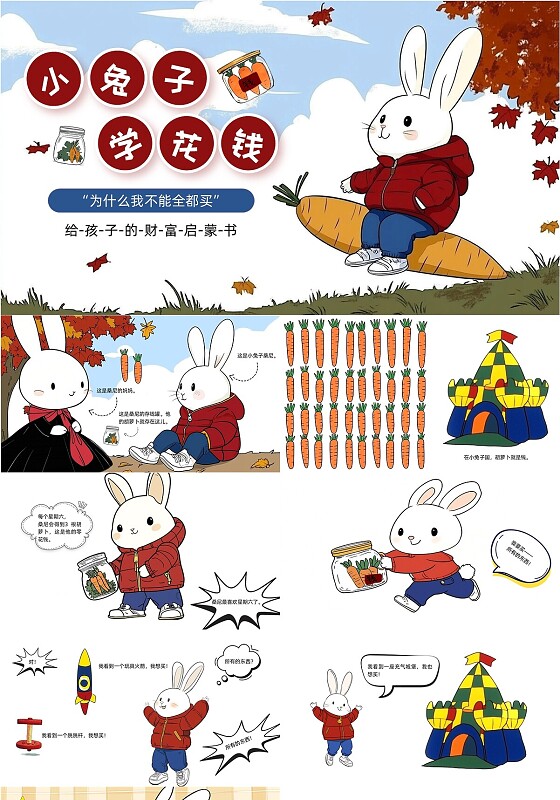 红色卡通小兔子学花钱儿童绘本故事PPT儿童故事绘本