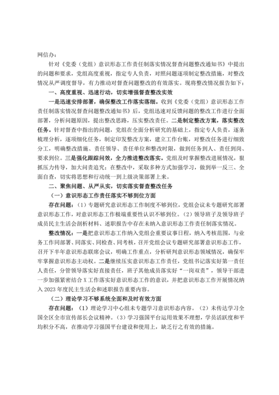 意识形态巡查整改报告