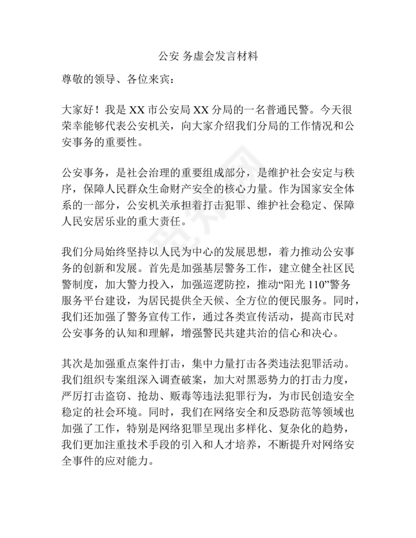 公安工作务虚会发言材料
