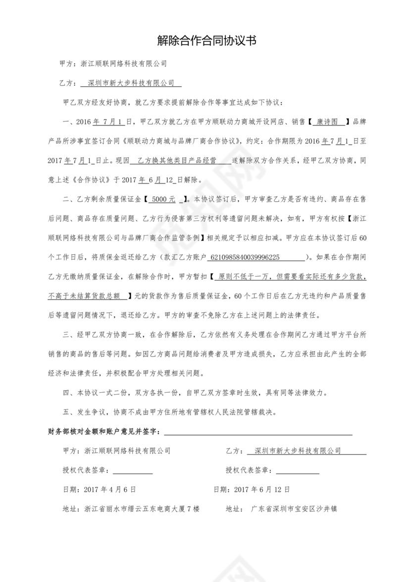 解除合作协议合同模板