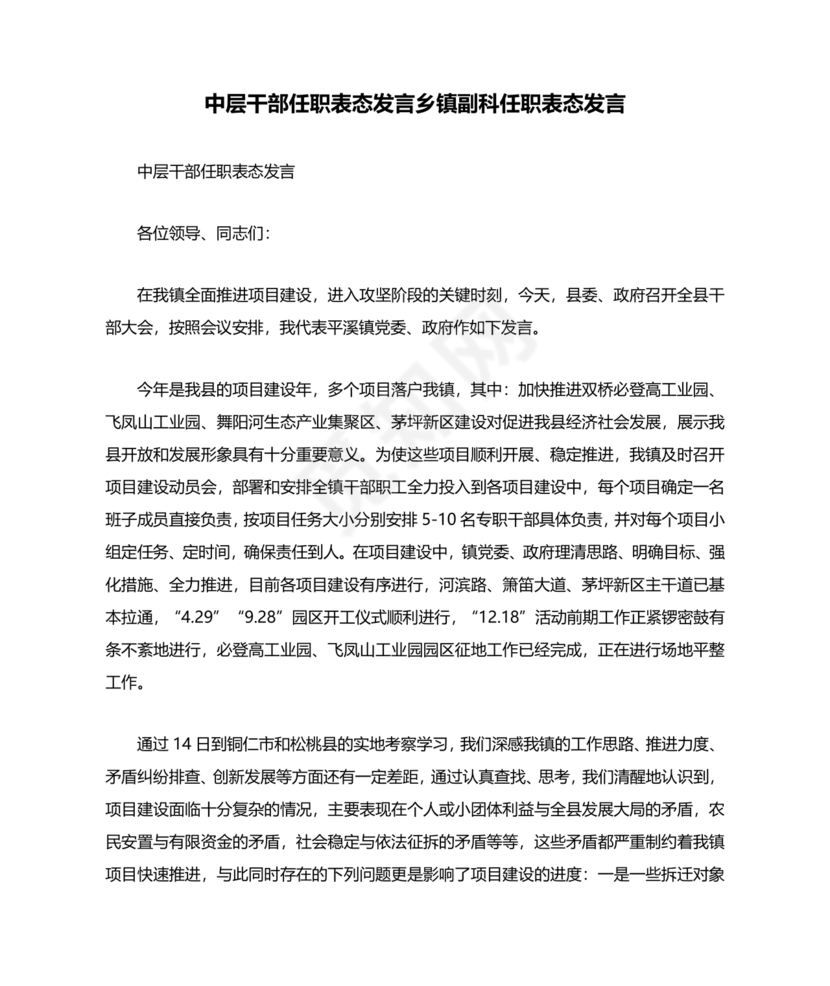 中层干部任职表态发言简短