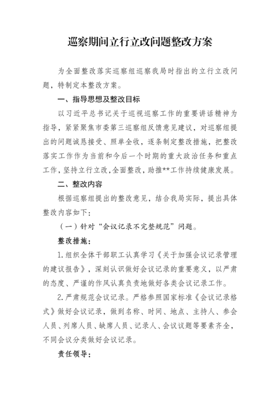 巡察立行立改问题整改方案