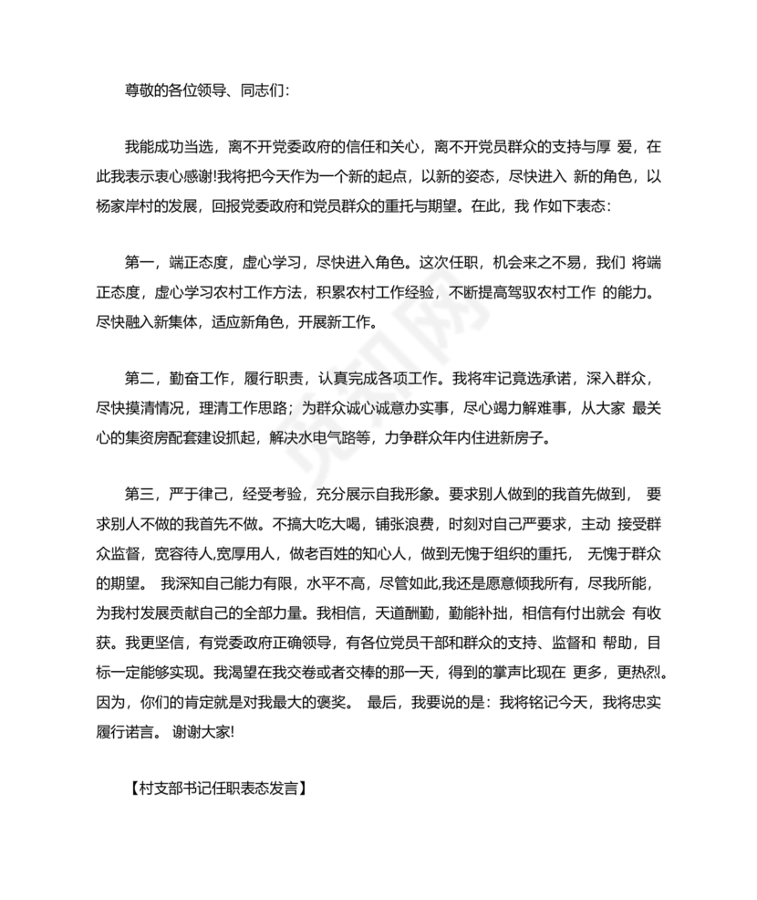 村书记任职表态发言
