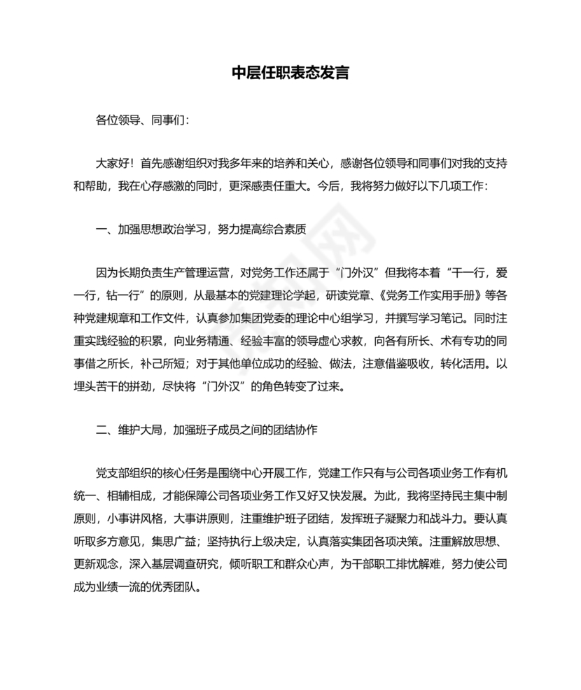 中层干部任职表态发言简短