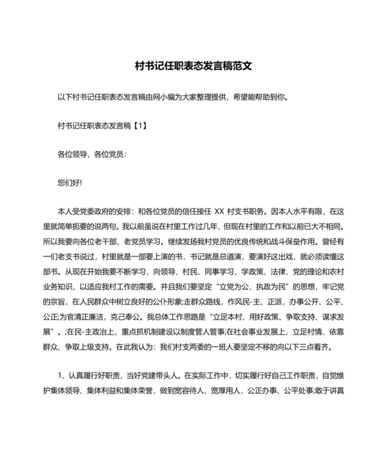 村书记任职表态发言