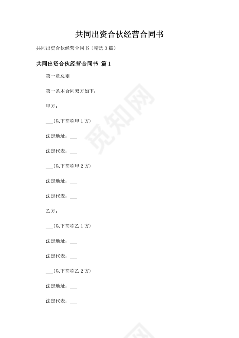 共同出资合伙经营协议书