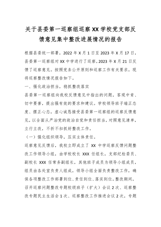 巡察反馈意见集中整改进展情况的报告