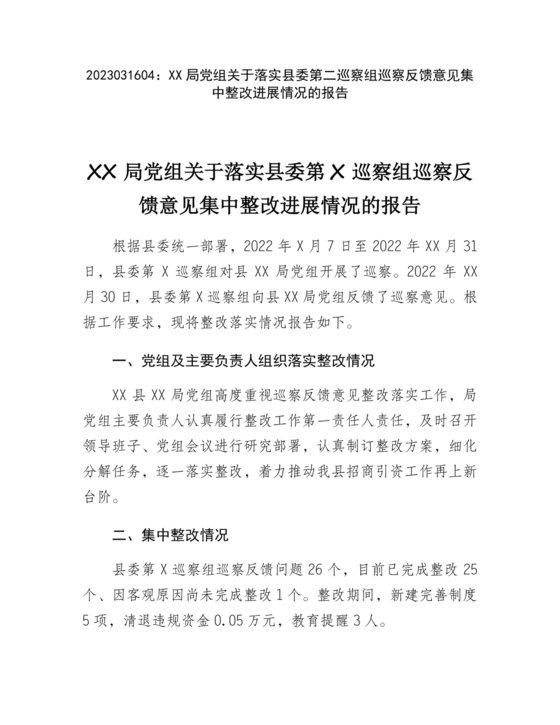 巡察反馈意见集中整改进展情况的报告