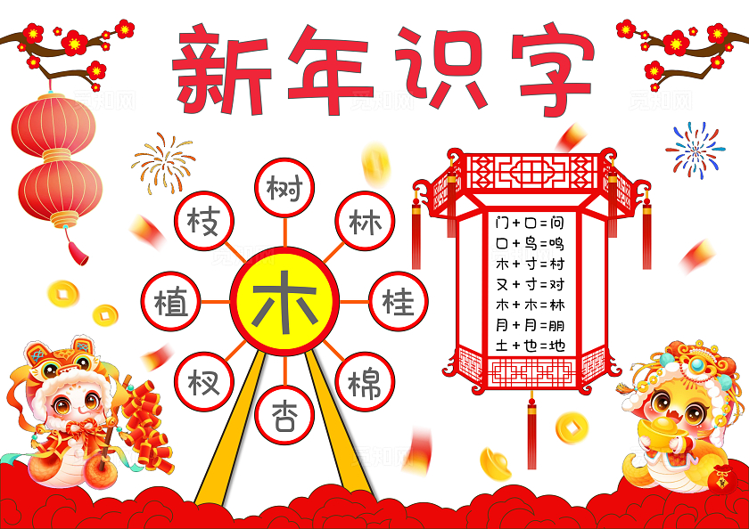 喜庆手绘春节识字手抄报春节新年