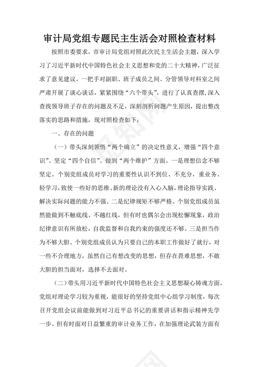 审计整改专题民主生活会对照检查材料
