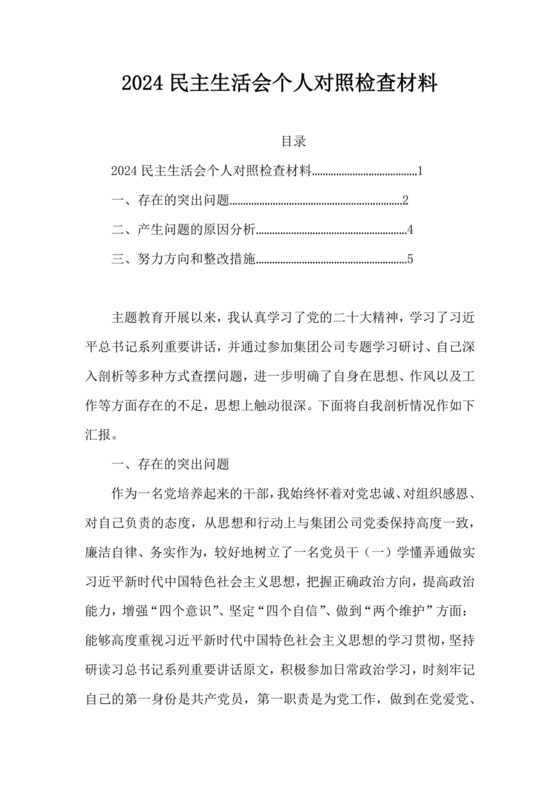 2024年民主生活会对照检查材料