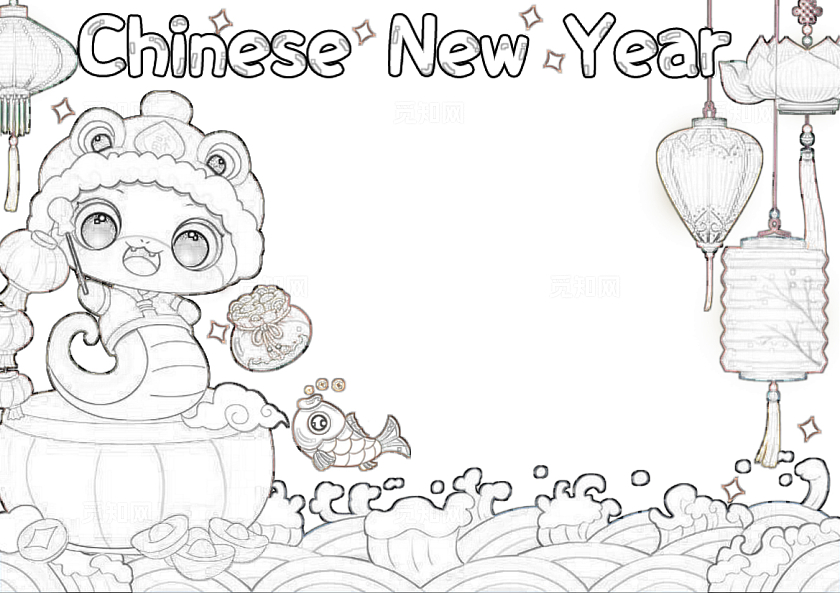 红色蓝色卡通手绘春节英语卡通小报手抄报春节新年蛇年