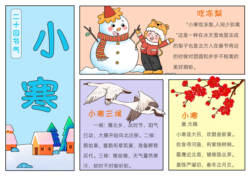 彩色卡通手绘插画小寒小报手抄报小学生手抄报二十四节气