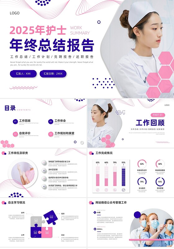 蓝色粉色医疗微粒体护士年终总结PPT模板2025年终总结