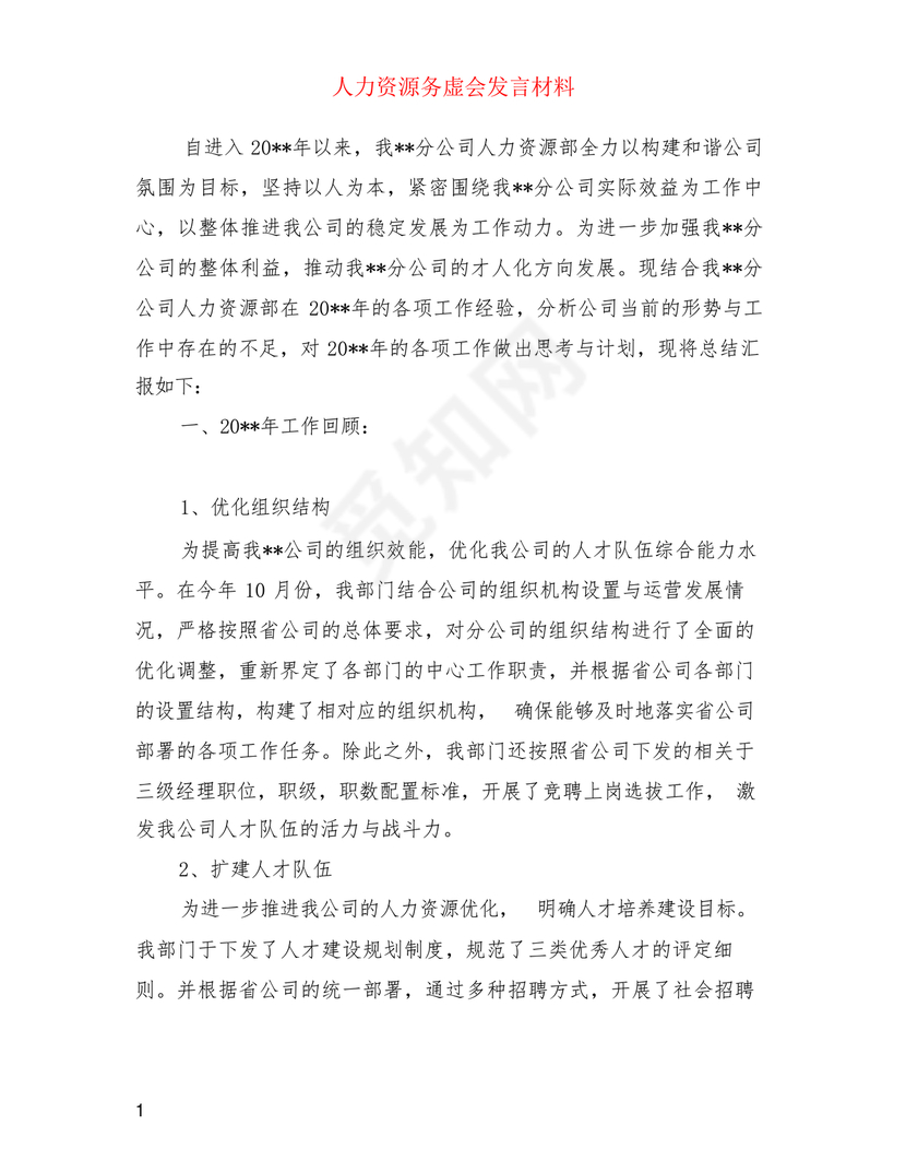 人力资源务虚会发言材料