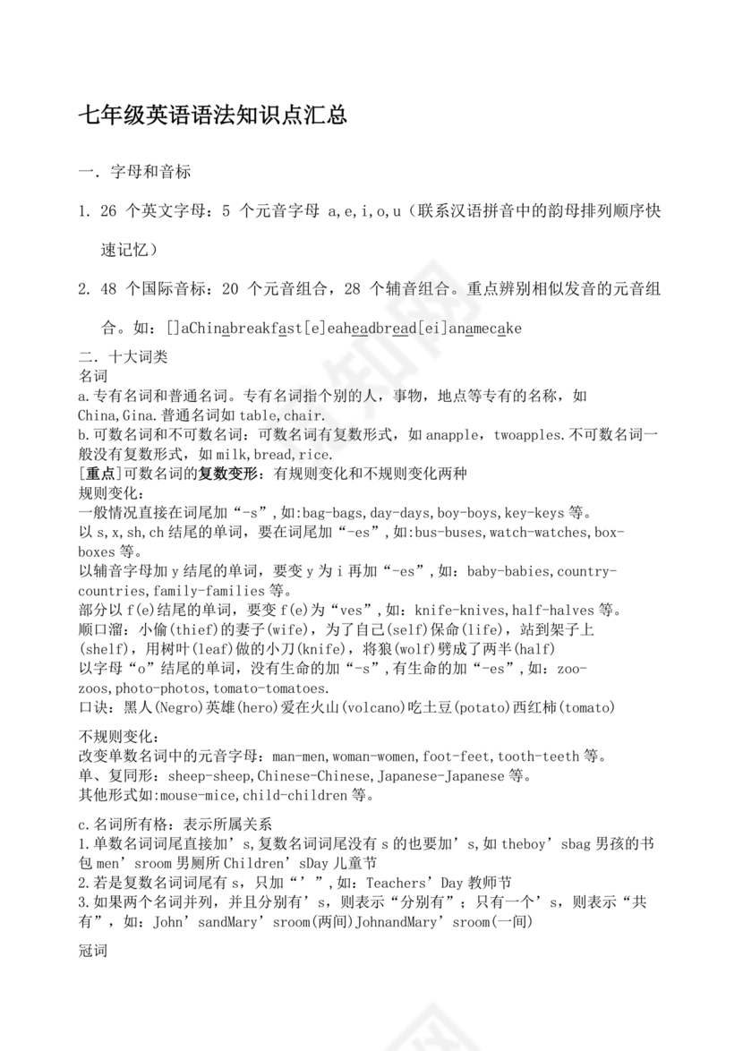 七年级英语语法知识点归纳总结