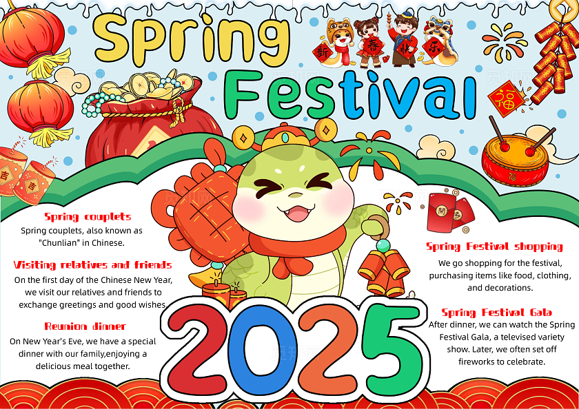 彩色手绘春节英语手绘小报手抄报春节手抄报春节新年