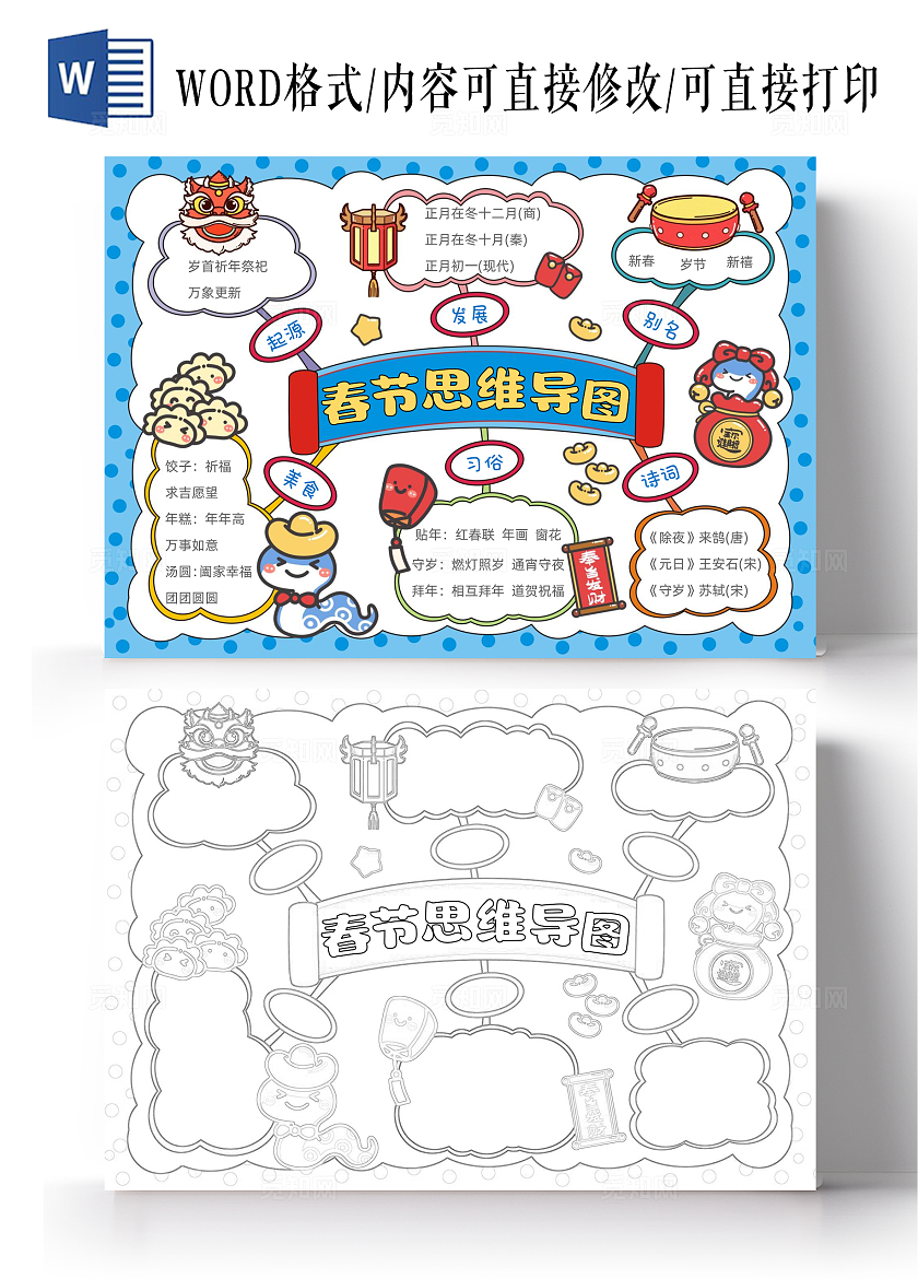 手绘卡通春节思维导图手抄报春节新年