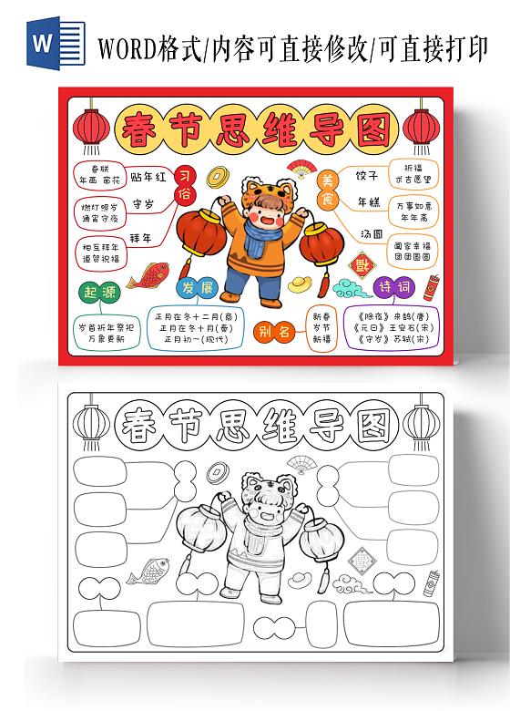 红色边框彩色元素简约手绘春节思维导图小报手抄报春节春节新年