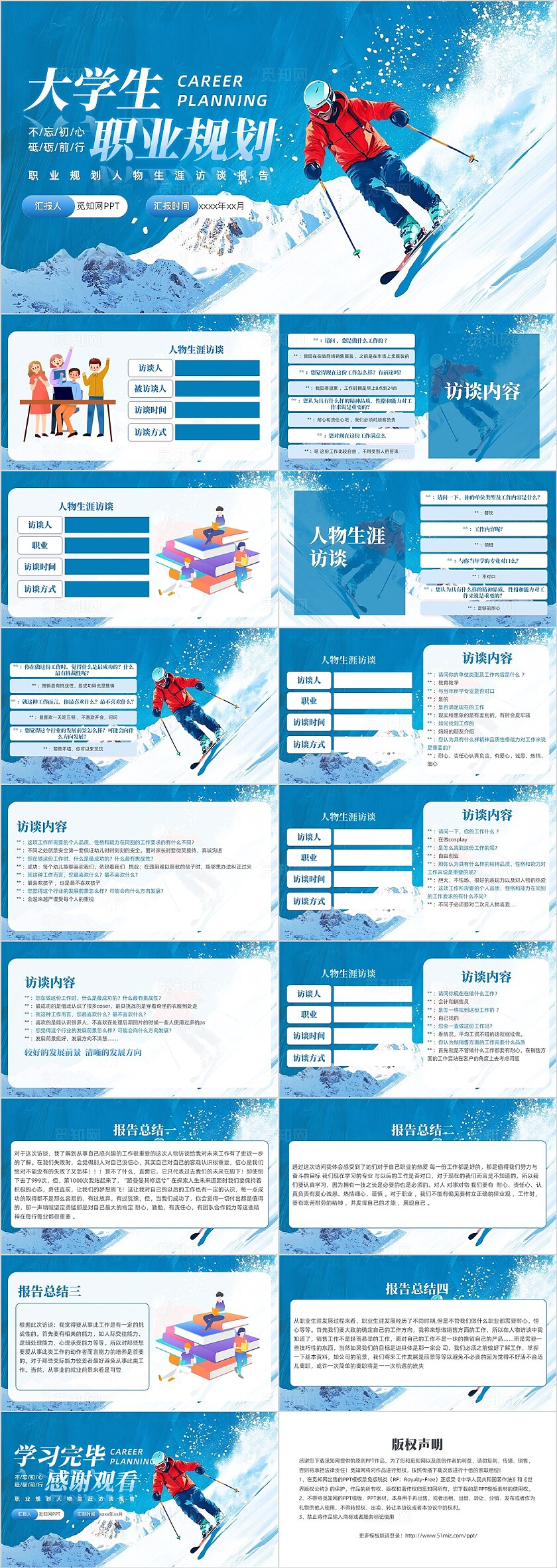 蓝色励志实拍风格大学生职业规划人物生涯访谈报告PPT