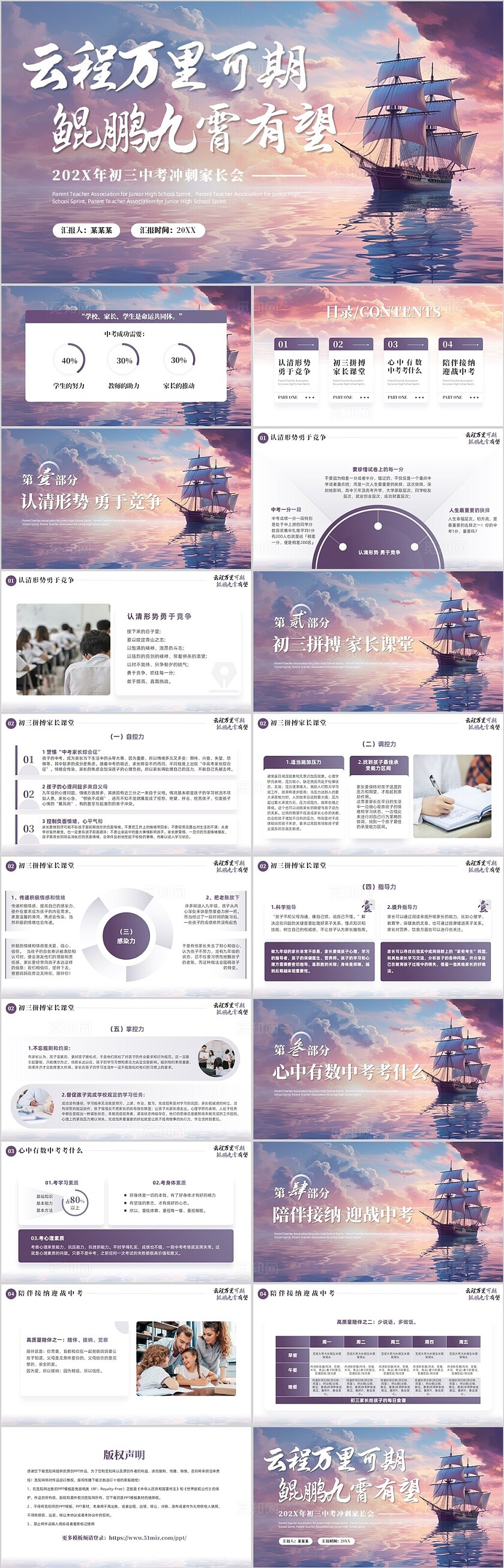 紫色实拍风励志帆船初三中考冲刺家长会中考前家长会PPT模板