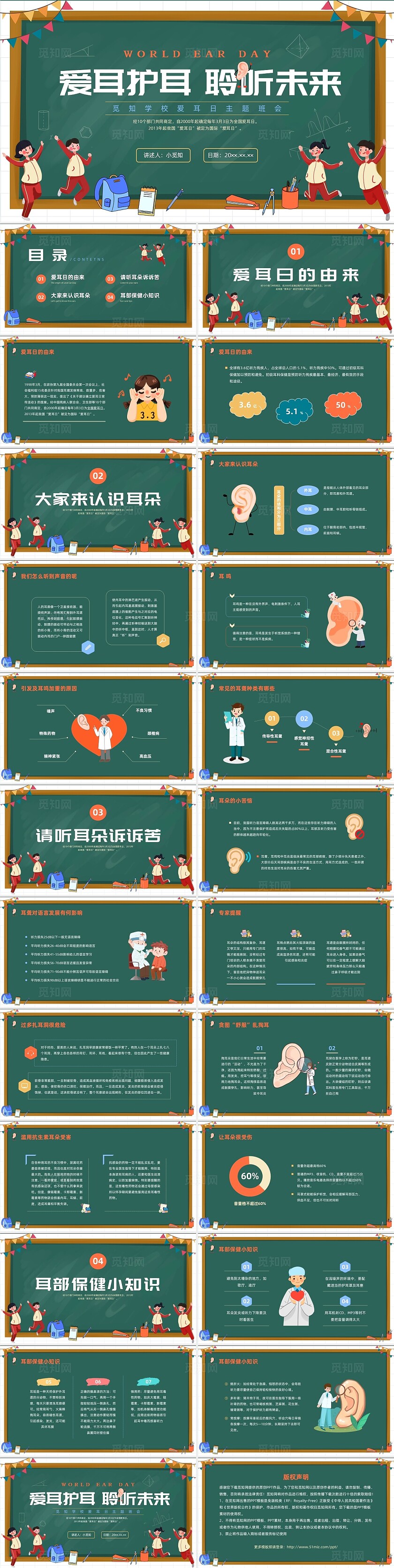 彩色黑板爱耳日主题班会PPT课件全国爱耳日