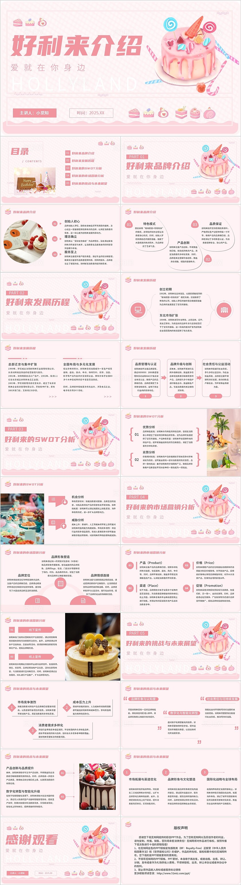 粉色简约风好利来宣传介绍PPT模板品牌分析